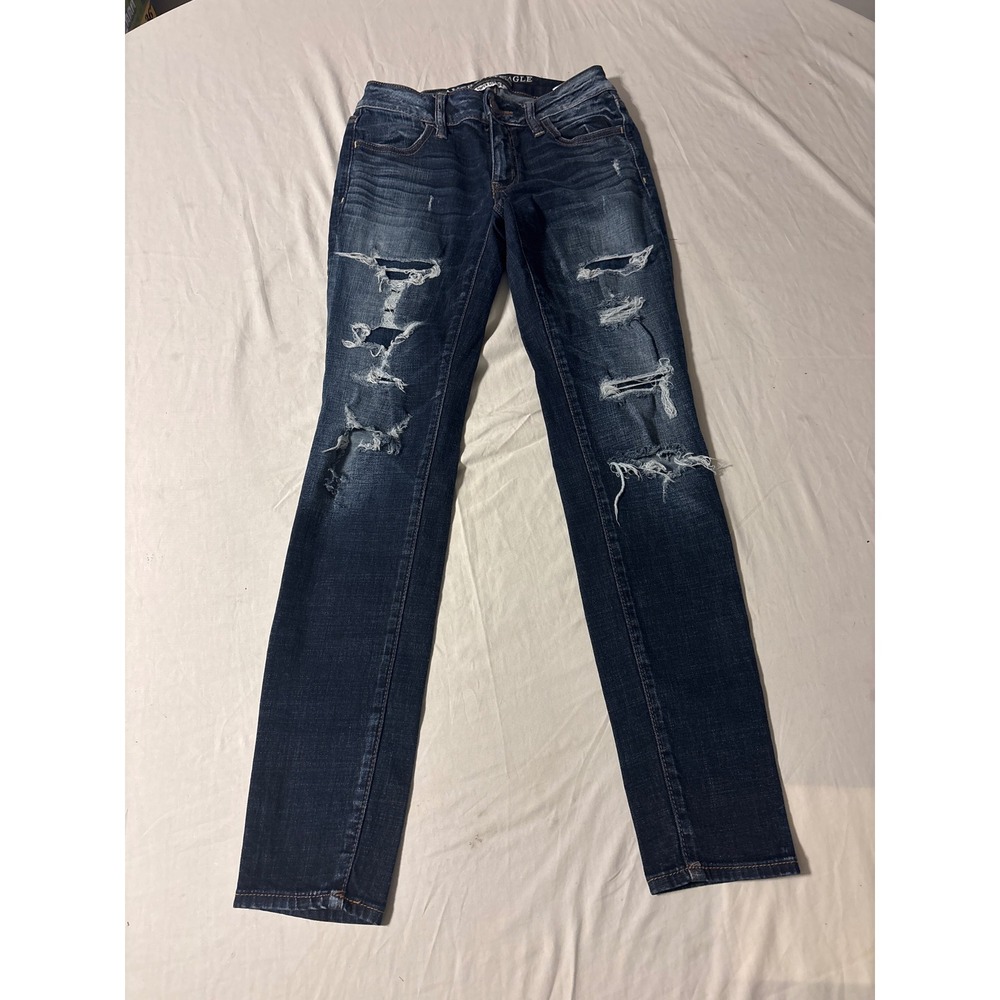 American Eagle Skinny Jeans Womens 6 Dark Wash Distressed Super Stretch